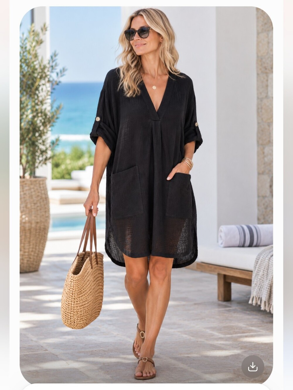 Seafolly Essential Muslin Cotton Gauze Swim Cover Up Black Resort Tunic Dress